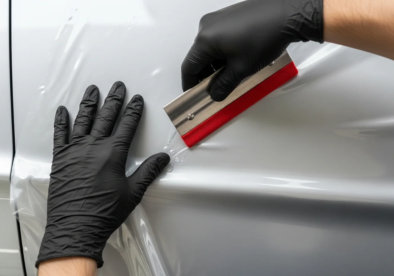 Wrap installer squeegeeing vinyl film onto a vehicle panel
